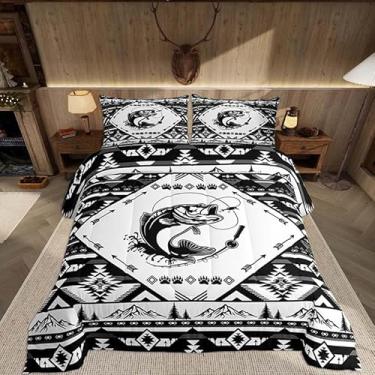 Imagem de Feelyou Conjunto de edredom infantil de peixe, tamanho queen, ocidental, pesca, caça, para quarto de crianças, meninos, meninas, decoração asteca do sudoeste, microfibra, ultramacia e respirável