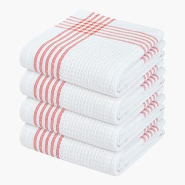 Imagem de Softopia Cotton Waffle Toalhas de prato de cozinha brancas e vermelhas, conjunto de 4, 100% algodão 40,66 x 66 cm, toalha de chá absorvente, toalha de limpeza de mão multiuso, panos de prato fortes e