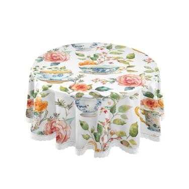 Imagem de SEHANY Toalha de mesa redonda de café e flores de 152 cm, tecido lavável sem rugas, toalha de mesa redonda com renda decorativa para restaurante, casamento, acampamento, festa Fiesta Cinco de Mayo