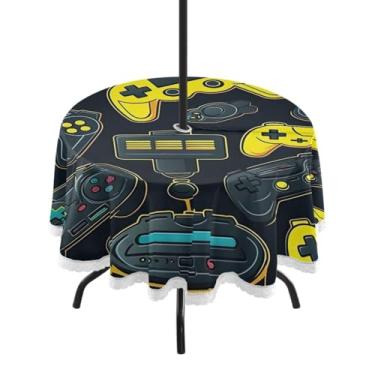 Imagem de ATTX Toalha de mesa redonda colorida para controle de videogame ao ar livre – 152 cm, impermeável, à prova de derramamento, uso interno/externo, com orifício para guarda-chuva com zíper para