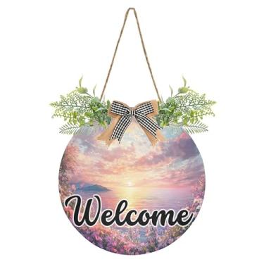 Imagem de SEHANY Placa de boas-vindas de flores e mar, decoração de porta da frente, guirlanda de boas-vindas redonda para decoração de casa de fazenda, varanda e pátio, 30 x 30 cm