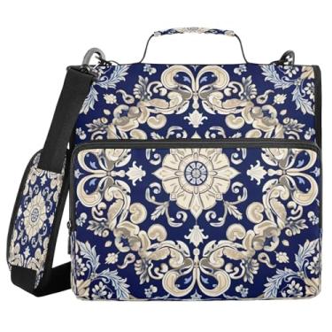 Imagem de ATTX Fichário com zíper padrão azul e branco com alça acolchoada ajustável – bolsa para fichário com capacidade para 500 folhas com organizador de vários bolsos, serve para laptop de 30 cm #415