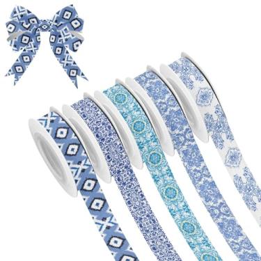 Imagem de SEHANY 5 rolos de fita de Natal 0,59 polegadas 5 jardas fitas de tecido boêmio fitas de cetim festivas fitas decorativas de Natal para embrulho de presente faça você mesmo artesanato grinalda