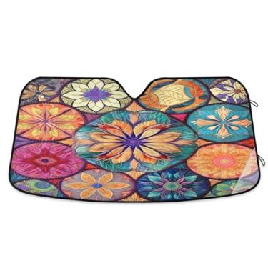 Imagem de ATTX Para-brisa de carro com azulejo têxtil oriental colorido 139.7 cm x 70.1 cm Protetor solar universal com proteção UV, persiana de janela frontal automática dobrável para caminhões Sedans SUVs