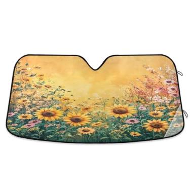 Imagem de ATTX Caprichoso Jardim Girassóis Para-brisa Carro Para-brisa 144.8 cm x 80.0 cm Escudo Solar Universal com Proteção UV, Persiana de Janela Frontal Auto Dobrável para Sedans SUVs Caminhões #652