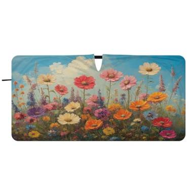 Imagem de Blueangle Pára-brisas com pintura a óleo de flores silvestres - 149.9 cm x 76.2 cm dobrável carro janela frontal blocos para-sol raios UV viseira de sol (512)