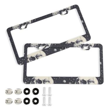 Imagem de SEHANY Molduras de placa de carro vintage rosa crânio, capas de alumínio à prova de ferrugem com furos elípticos e parafusos serve para veículos padrão dos EUA tamanho acessórios de carro para