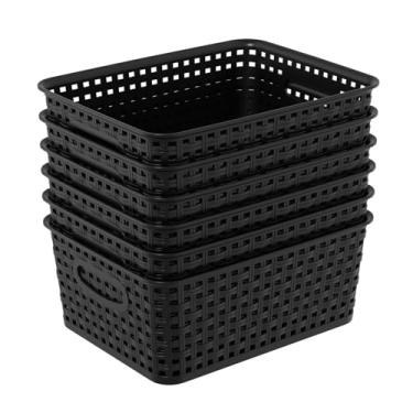 Imagem de Xyskin Pacote com 6 cestas de armazenamento de mesa, caixa organizadora de cozinha, cesta de armazenamento de plástico para prateleiras, preta