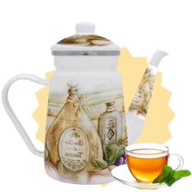 Imagem de Bule Bico Pescoço Ganso Esmaltado Decorativo Fogão Indução Retro Alça 