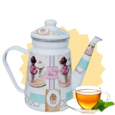 Imagem de Bule Bico Pescoço Ganso Esmaltado Decorativo Fogão Indução Retro Alça 