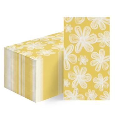 Imagem de Horaldaily 100 guardanapos amarelos decorativos de papel descartável primavera verão para convidados, toalha de mão de flores para festa, almoço, jantar, cozinha, banheiro, decoração