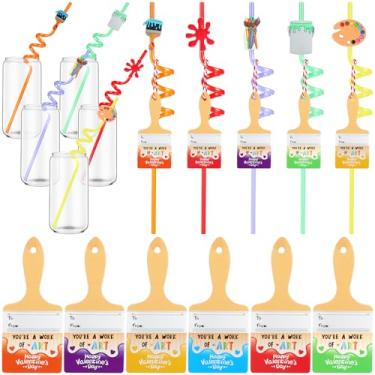Imagem de Honeydak 30 Valentines Day Gifts Bulk Art Painting Drinking Straws Styling Reusable with Brush Cards Painting Theme for Birthday Back to School Party Supplies Suitable for 12+