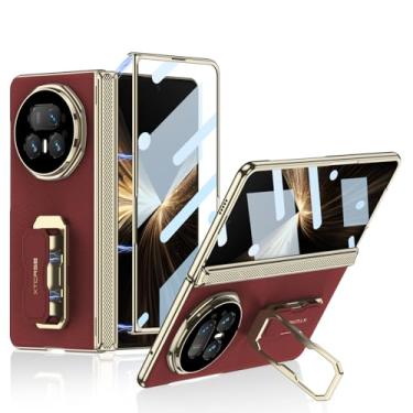 Imagem de HAOMRIYL Capa para Honor Magic V5, suporte de alça de mão invisível, capa de couro genuíno com película protetora de tela, dobradiça de corpo inteiro, à prova de choque, vermelha, V5