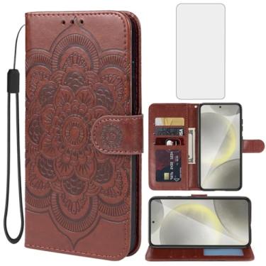 Imagem de Bohefo Capa para Galaxy S25, capa carteira para Samsung S 25 5G com protetor de tela de vidro temperado, suporte para cartão de crédito de couro mandala para Samsung Galaxy S25 marrom