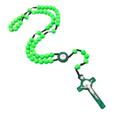 Imagem de Terço Rosário com Medalha de São Bento, Contas Coloridas 9mm, Crucifixo 6x3.6cm, Cordão Preto, 42cm (Verde)