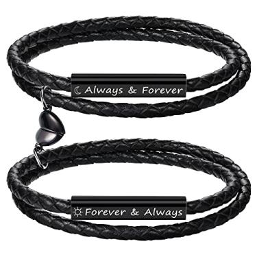 Imagem de Pulseiras de casal para mulheres presentes para homens presentes de aniversário de casamento para namorado namorada pulseira combinando 2 peças presente de couro de promessa gravada joia de Natal, Metal, Sem pedras preciosas
