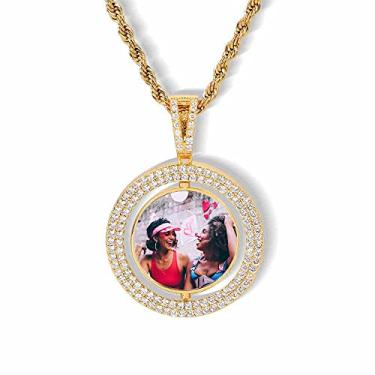 Imagem de QUNTING Pingente de foto dupla face, colar personalizado, imagem faça você mesmo, corrente com pingente de memória, chaveiro gelado, etiqueta de cachorro, joias hip hop, Zircônia cúbica, Zircão