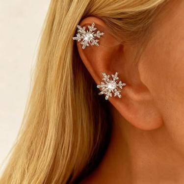 Imagem de Brincos de floco de neve para mulheres, brincos de orelha sem piercing, enfeites de Natal, joias, presentes, acessórios de férias, Medium, Latão, Sem pedra preciosa