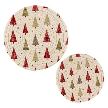 Imagem de Wassud Conjunto de trivet de árvores de Natal vermelhas para pratos quentes, suportes redondos de algodão, almofadas quentes, porta-copos elegantes, decoração de cozinha e acessórios, 2 peças