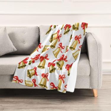 Imagem de Wassud Cobertores e mantas de Natal 152 cm x 228 cm Sinos de Natal com laços cobertor para sofá, cobertor quente de lã de pelúcia aconchegante para cama, sofá, cadeira, decoração de casa
