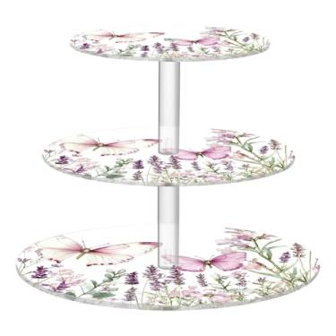 Imagem de CEBUGI Suporte redondo de 3 camadas para cupcake, borboletas e flores silvestres, suporte de bolo, torre, bandeja de servir em camadas de acrílico para chá, chá de bebê, casamento e mais