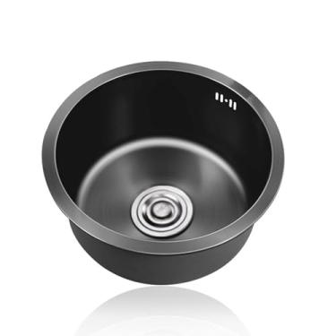 Imagem de PVXMQFFA Mini pia de cozinha preta, pia redonda de aço inoxidável 304, pias pequenas, pia de caravana de tigela única com encaixes de escorredor e transbordamento para bar, restaurante, montagem