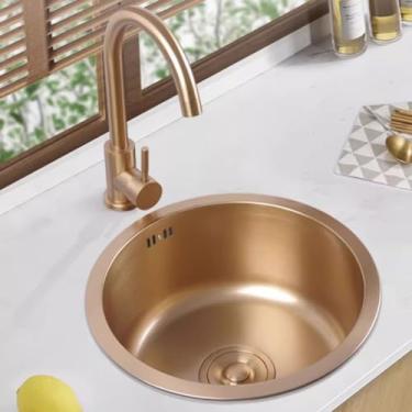 Imagem de PVXMQFFA Pia pequena redonda dourada de aço inoxidável pia de cozinha embutida mini pia única pia de cozinha com acessórios (tamanho: 40 * 40 * 19 cm)