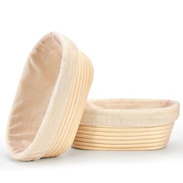 Imagem de Conjunto de 2 cestas Banneton à prova de pão – 21 cm redondas e ovais de 25 cm com forros | Forma de vime natural para assar pão artesanal | Presente ideal para padeiros caseiros