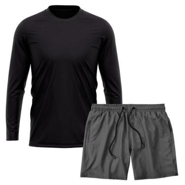 Imagem de Kit Camiseta Manga Longa Dry Preta + Short Tactel Academia Caminhada Gênero:Homem;Tamanho:M;Cor:-Masculino