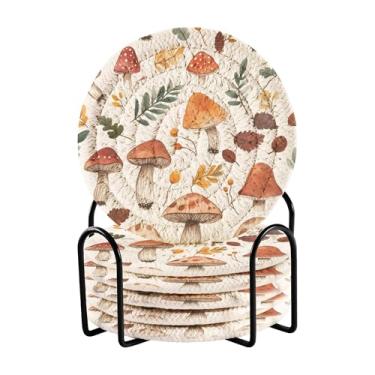 Imagem de SEHANY Conjunto de 6 porta-copos de cogumelos florestais com suporte, porta-copos redondos absorventes de algodão resistente ao calor para mesa de jantar, canecas de café, 10 cm