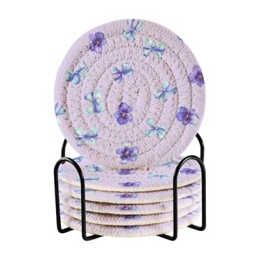 Imagem de SEHANY Conjunto de 6 porta-copos de laço roxo fofo com suporte, porta-copos redondos absorventes de algodão resistente ao calor para mesa de jantar, canecas de café, 10 cm