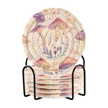 Imagem de SEHANY Conjunto de 6 porta-copos de cogumelos florestais com suporte, porta-copos redondos absorventes de algodão resistente ao calor para mesa de jantar, canecas de café, 10 cm