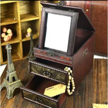 Imagem de Tumahe Caixa de joias gótica vintage vintage de madeira para mulheres, caixa de joias de bruxa com gaveta e espelho, presentes perfeitos para o dia das mães, anel feminino e organizador de brincos (A)