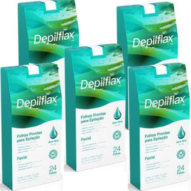 Imagem de Kit 5 Folhas Prontas Facial Depilação Cera Depilflax Aloe Vera 120un