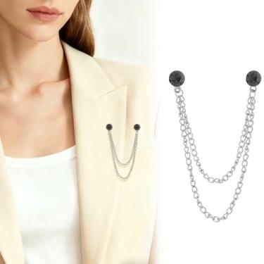 Imagem de Retrô banhado a ouro prata corrente cristal broches redondos colar pinos strass com corrente pendurada terno camisa lapela broche broche jóias moda para homens mulheres, Medium, Cristal, Cristal