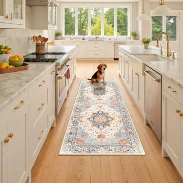 Imagem de RELEANY Tapetes de área adequados a vácuo, 6 x 15 cm, lavável na máquina, antiderrapante, estampa floral, vintage, estampa de angústia, tapete medalhão para sala de estar, quarto, tijolo, azul marinho