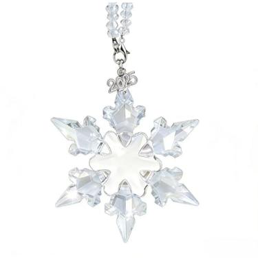 Imagem de Enfeite de floco de neve de cristal 2025, decoração de Natal de cristal K5 feito à mão com fitas azuis e brancas, presente elegante para mulheres (transparente)