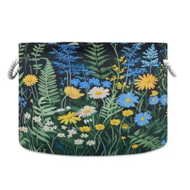 Imagem de JUZIHAI Cesta de armazenamento dobrável de flores silvestres para bebês, cesto de roupa suja, cobertor com alças de corda de algodão, caixa organizadora de armário dobrável para quarto, berçário, casa