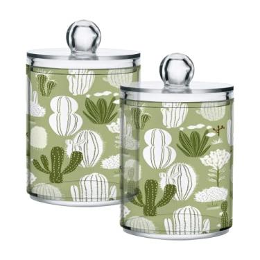 Imagem de Qilmy Lindo suporte de cacto verde e branco, pacote com 2, frascos de boticário de 400 ml, vasilha organizadora de banheiro para cotonetes, bolas de algodão, almofadas de maquiagem, fio dental, sais