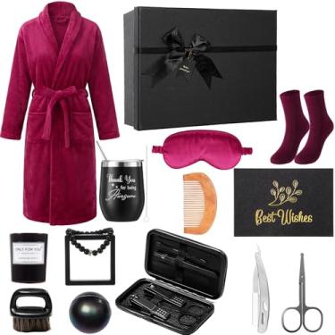 Imagem de Nuogo Conjunto de 15 peças de presentes de aniversário para homens cuidados com a barba kit de ideias de cesta de presentes de Natal para homens roupão de banho para pai marido namorado caixa (vinho