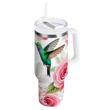 Imagem de ODAWA Copo de aço inoxidável isolado rosa rosa beija-flor com canudo e alça, copo de água isolado grande