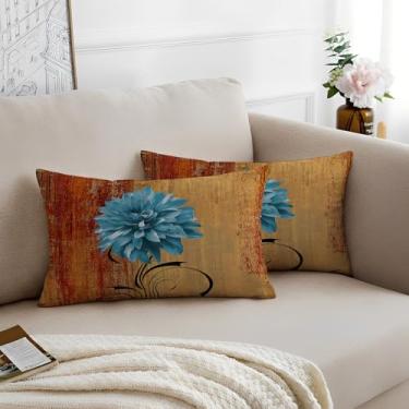 Imagem de Miuyunya Pacote com 2 capas de almofada decorativas laranja modernas 30,5 x 50,8 cm, arte abstrata, pintura floral, azul óleo, fronhas lombares com zíperes, decoração de casa de fazenda para sofá
