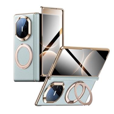 Imagem de HAOMRIYL Capa de couro genuíno para Huawei Mate X7, capa de suporte de anel magnético, protetor de dobradiça de câmera de tela integrada, capa de borda galvanizada de luxo, azul, Mate X7
