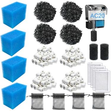 Imagem de 4 conjuntos de filtros de mídia completos compatíveis com filtro de energia Fluval AC20/Aquaclear 20 para aquários de 5 a 20 galões - Inclui 4 carbono ativo, 4 anéis de cerâmica, 2 esponjas de filtro
