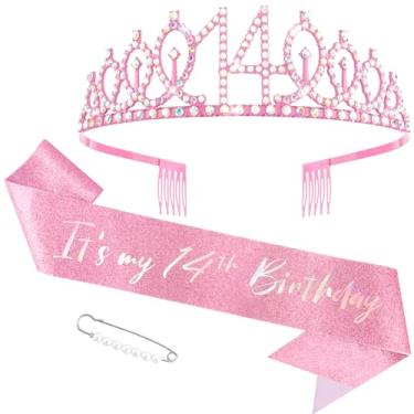 Imagem de Canitor Conjunto de decorações de festa de aniversário de 14 anos rosa para meninas, faixa de cabeça e faixa para meninas de 14 anos
