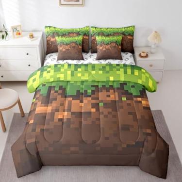 Imagem de Feelyou Jogo de cama solteiro com tema de pixel, 7 peças, geométrico, quadrado, para crianças, meninos, meninas, jogos, decoração de quarto, verde, marrom