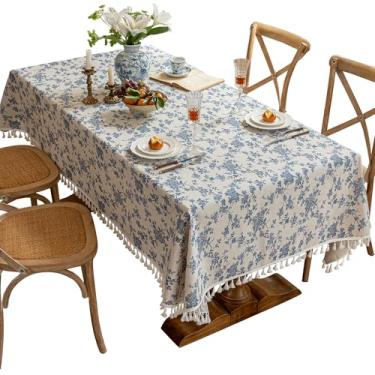 Imagem de Qubjus Toalha de mesa retangular estampada com borlas, tecido de linho de algodão sintético, capa de mesa estilo fazenda rústica para sala de jantar, cozinha (152 x 192 cm, rosa azul)