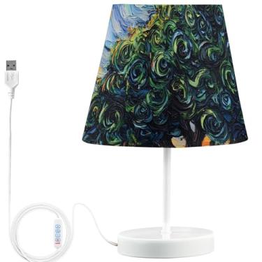 Imagem de TSENQUE Candeeiro de mesa de cabeceira USB com estampa de animal regulável com pintura a óleo de carvalho para mesa de cabeceira, lâmpadas LED decorativas infantis para quarto