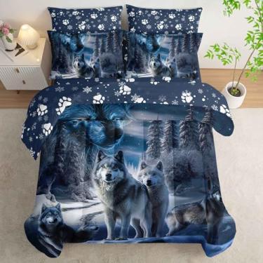 Imagem de AILONEN Jogo de edredom Queen com estampa de lobo da neve, 7 peças, microfibra macia, para crianças e adultos, lençol de cima, 2 fronhas, 2 fronhas