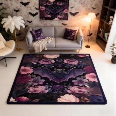Imagem de Tapete preto floral morcego 12 x 18 cm tapete de Halloween morcegos para sala de estar | Tapetes de flores boho para quarto, tapete gótico de plantas românticas